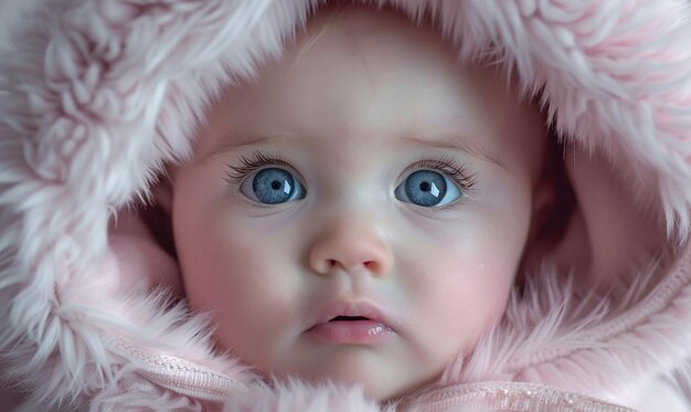 Photo a baby wearing a pink furry hood with blue eyes