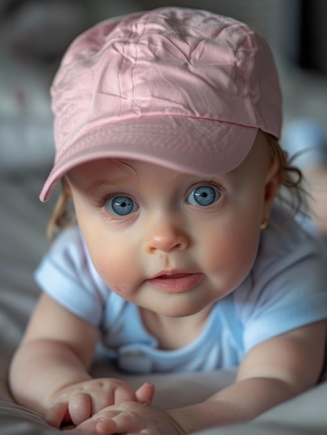 Photo a baby wearing a pink hat and blue eyes