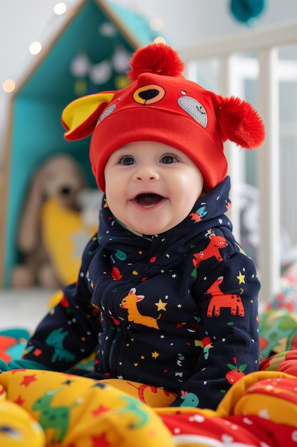 Baby wearing a playful animal print sitting in a welldecorated baby room surrounded by educational toys