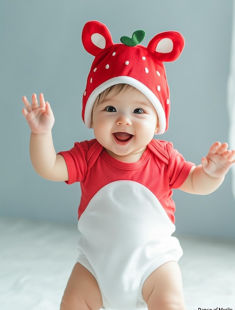 a baby wearing a red hat that says quot baby quot