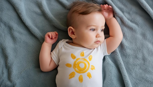 a baby wearing a shirt that says sun on it