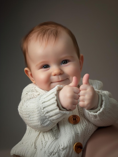 a baby wearing a sweater that says quot thumbs up quot