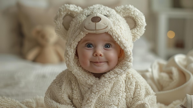 Baby Wearing Teddy Bear Outfit on Bed