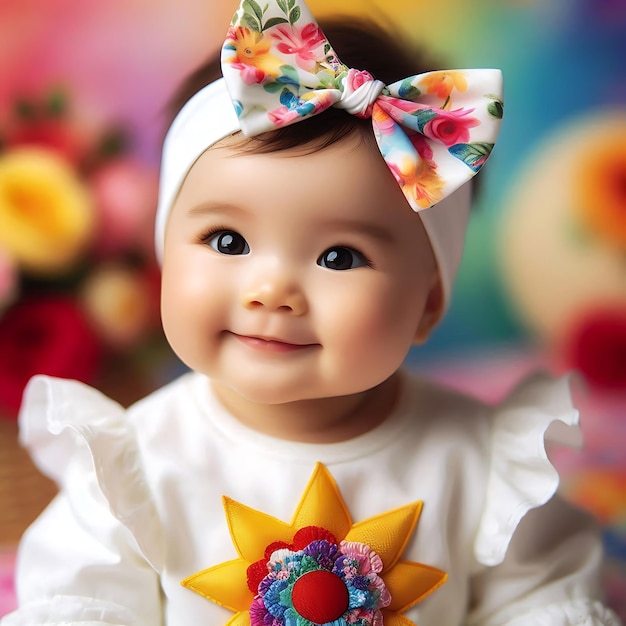 a baby wearing a white dress with a flower on it