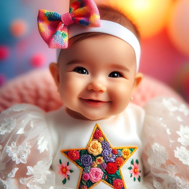 a baby wearing a white dress with a star on it