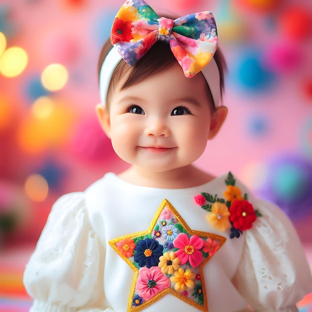 a baby wearing a white dress with a star on it