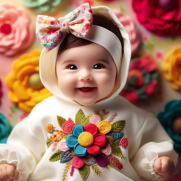 a baby wearing a white outfit with a flower pattern on it