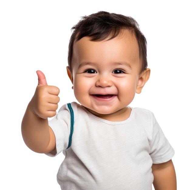 a baby wearing a white shirt that says  thumbs up