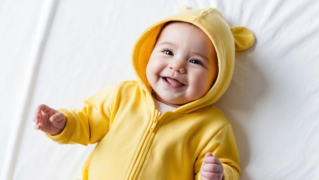 Photo a baby wearing a yellow hat is smiling and smiling