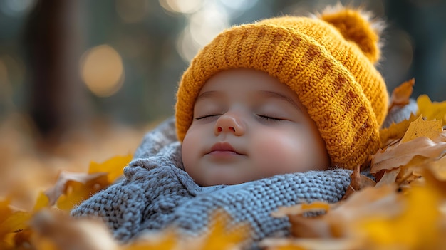 Photo a baby wearing a yellow knitted hat sleeps peacefully in a pile of autumn leaves