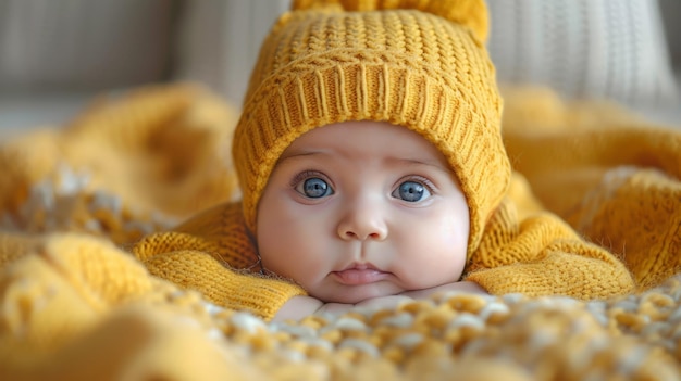 Baby Wearing Yellow Knitted Hat