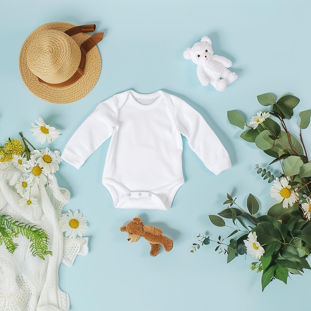 baby white bodysuit mockup on blue background