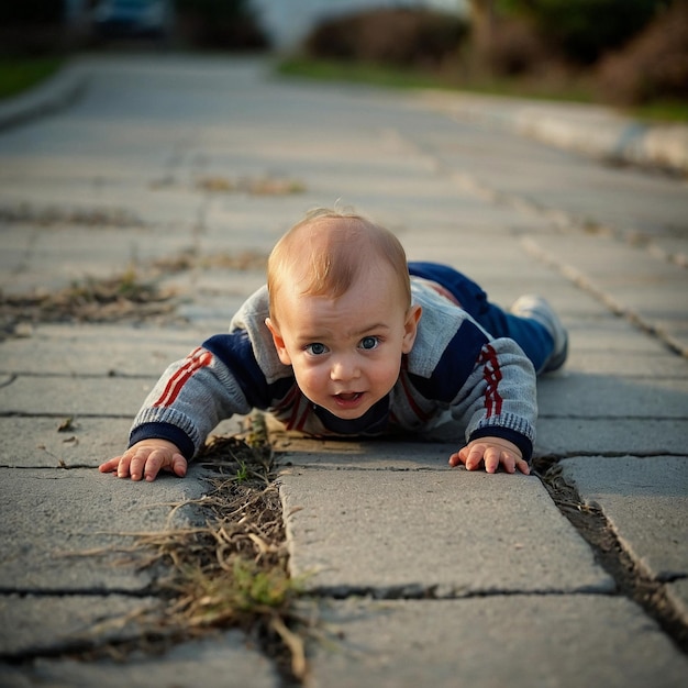 Photo a baby with blonde hair is playing on a wooden deck