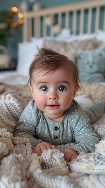 a baby with blue eyes looking at the camera