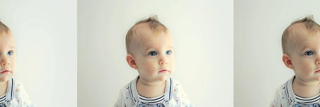 a baby with blue eyes and a striped shirt