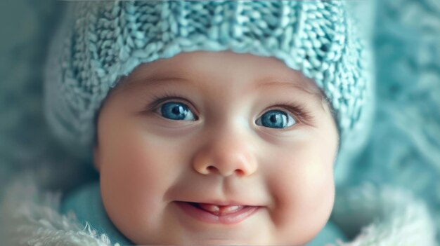 a baby with blue eyes wearing a knitted hat