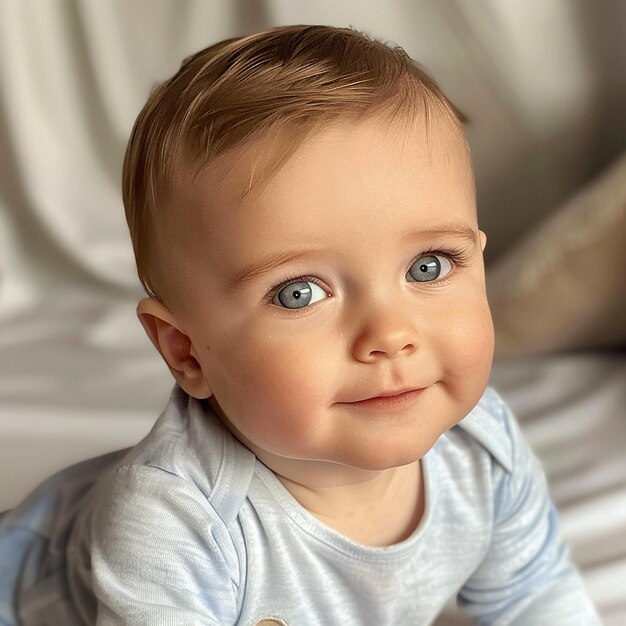 Photo a baby with blue eyes wearing a shirt that says  baby