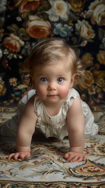 a baby with blue eyes and a white dress on