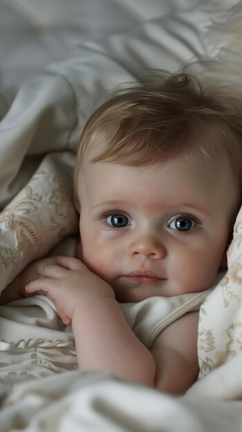 Photo a baby with blue eyes and a white sheet with a floral pattern