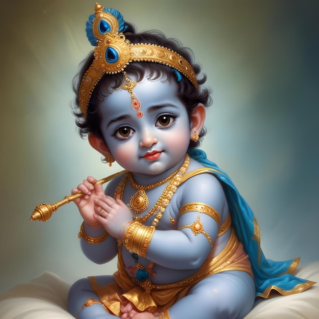 a baby with a blue outfit and a gold bow is sitting on a pillow