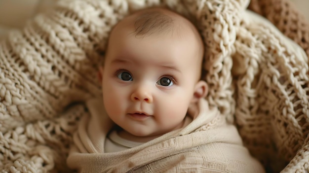 a baby with a brown blanket on its head