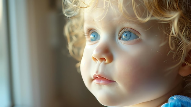 A baby with curly hair and blue eyes gazes out of a window