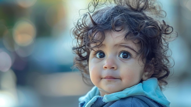 a baby with curly hair and a blue jacket