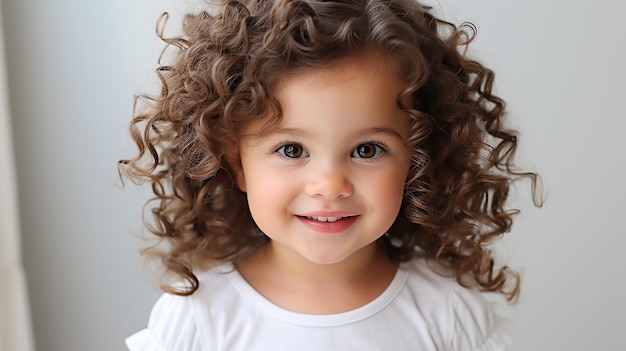 A baby with curly hair and a white shirt generated by AI