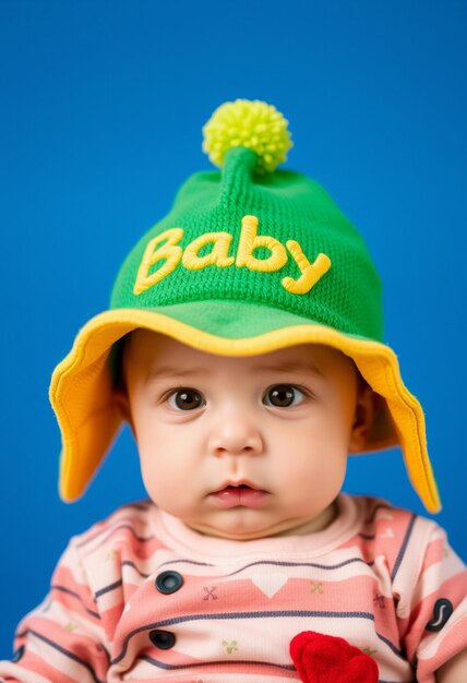 A baby with a green hat that says baby