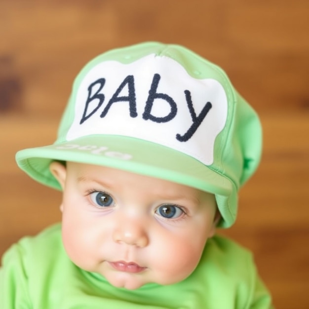 Photo a baby with a green hat that says baby