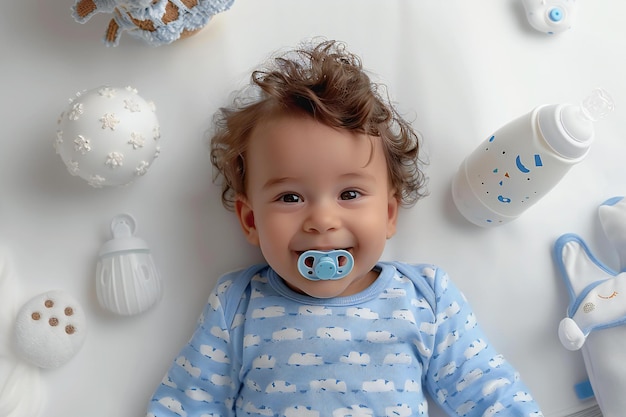 Photo a baby with a pacifier in his mouth laying on a bed