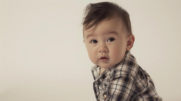 a baby with a plaid shirt on is standing against a white background