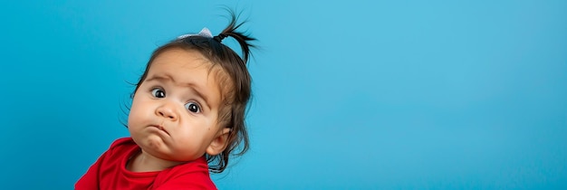 a baby with a red jacket on its head looks up at the camera