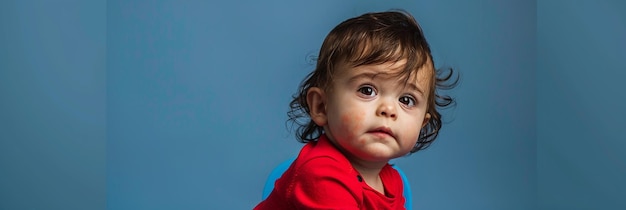 a baby with a red shirt on its back looks up at the sky