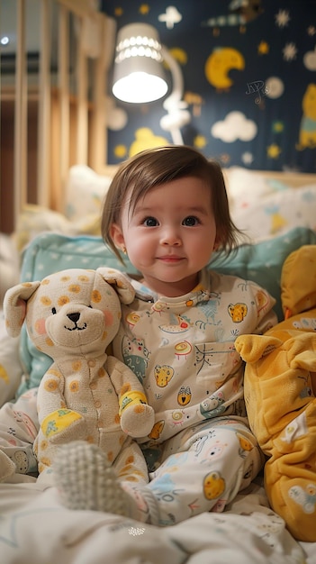 a baby with a stuffed animal and a yellow blanket