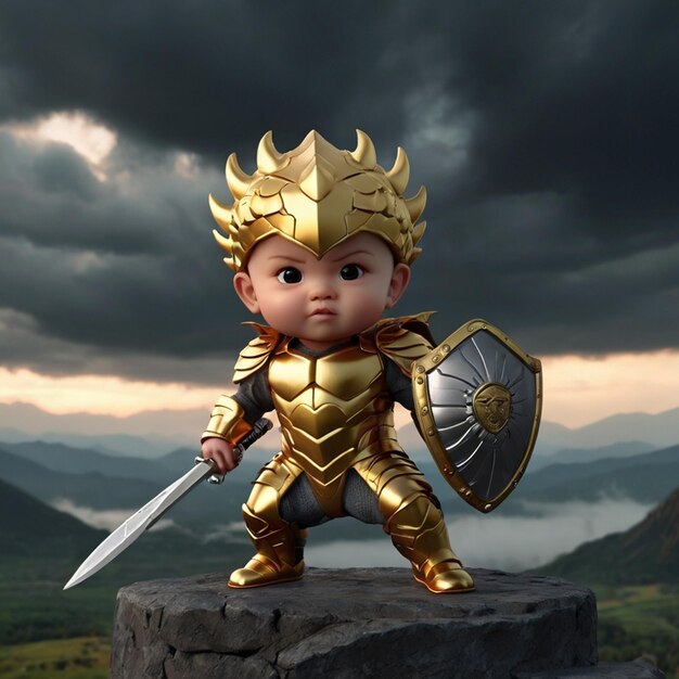 A BABY WITH SUPER STRENGTH IN A STEEL CLOTHING CARRYING A SWORD