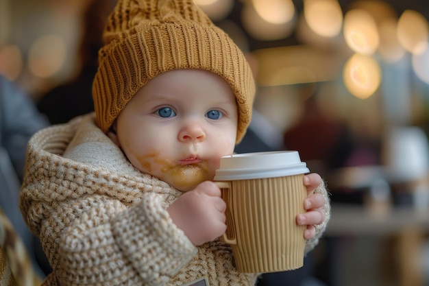 Baby with sustainable coffee cup and lid