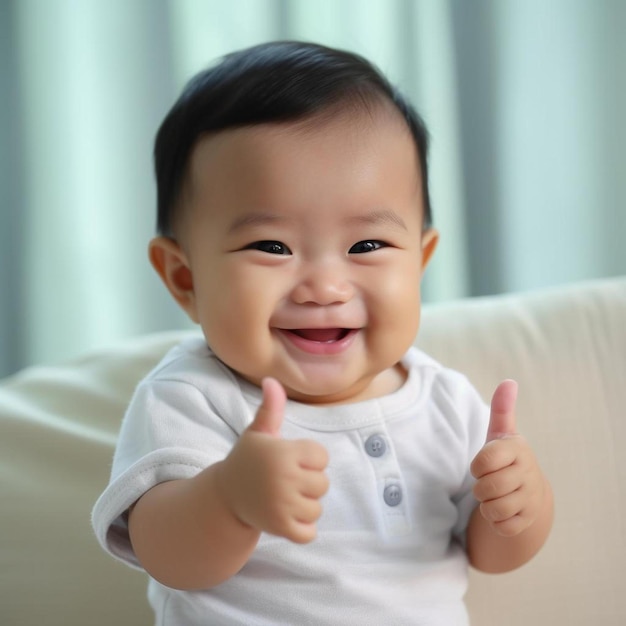 A baby with a thumbs up sign that says " thumbs up ".