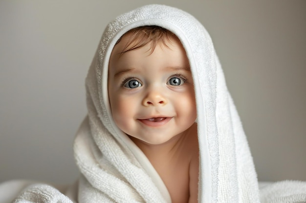 a baby with a white towel wrapped around his head