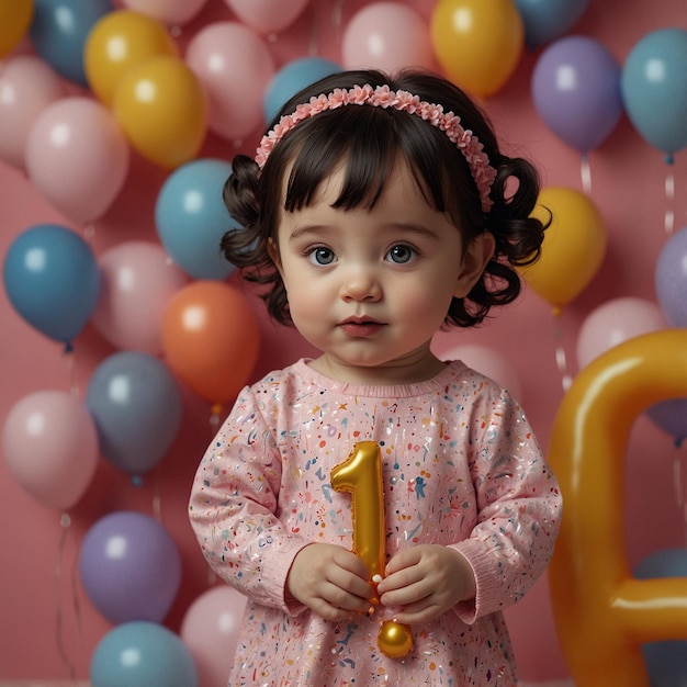 a baby with a yellow number 1 on it stands in front of balloons