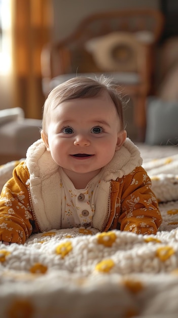 a baby with a yellow and white outfit is smiling