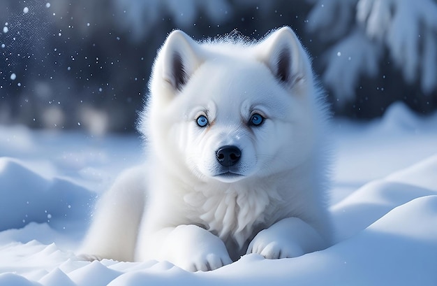 Baby wolf in snow baby husky in snow White color wolf baby in snow