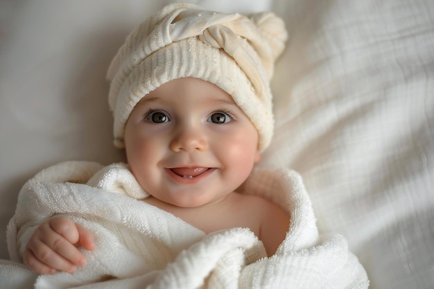 a baby wrapped in a white blanket with a smile on his face