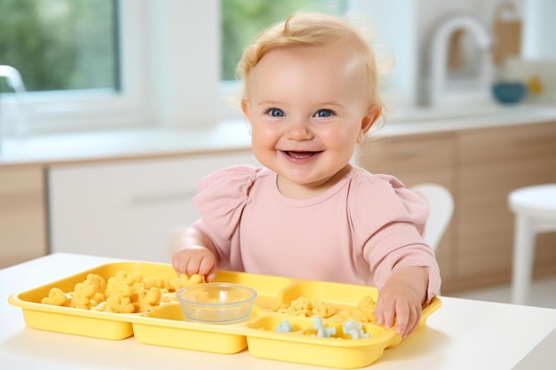 A baby in a yellow jacket is sitting in front of a tray of food and smiling at the camera