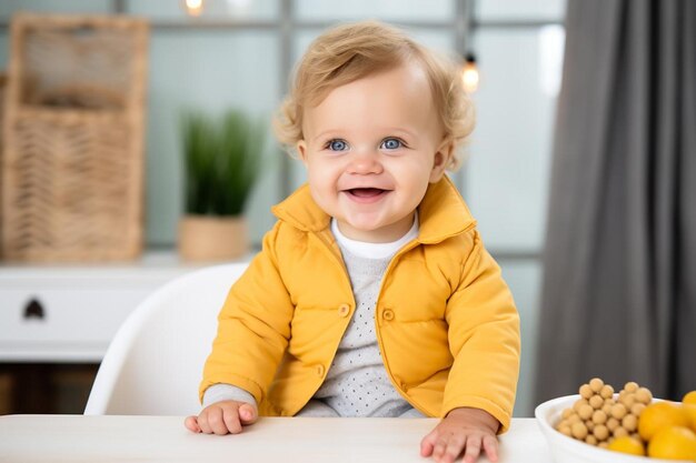 A baby in a yellow jacket is sitting in front of a tray of food and smiling at the camera