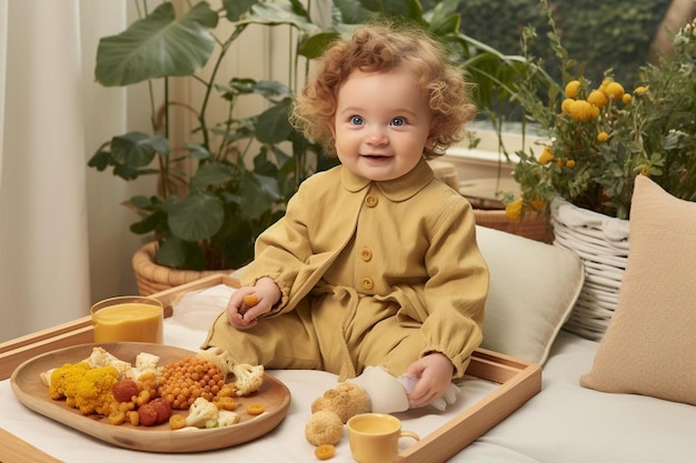 A baby in a yellow jacket is sitting in front of a tray of food and smiling at the camera