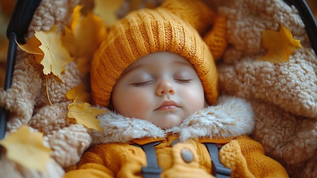 Photo a baby in a yellow knitted hat sleeps peacefully surrounded by autumn leaves in a stroller