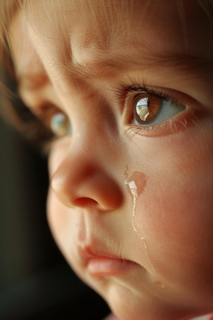 a babys face with tears streaming down The eyes are red and the nose is runny The baby is sad and uncomfortable