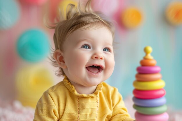 Photo a babys joyful discovery of a spinning top