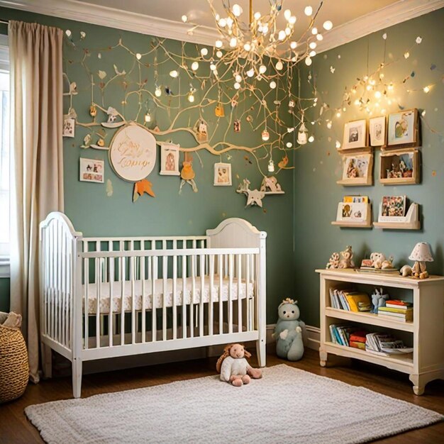 Photo a babys room with a crib and a crib with a baby on the wall